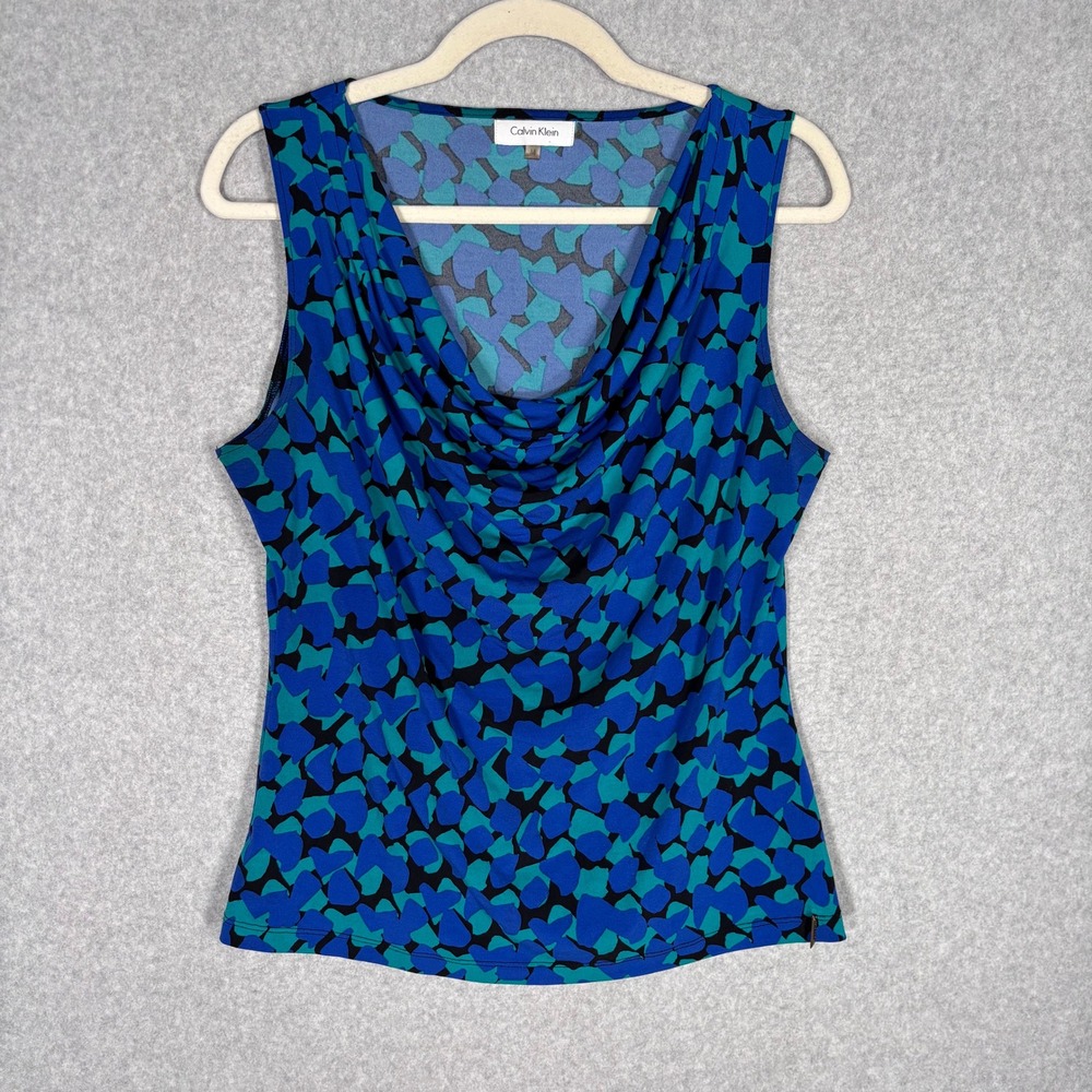 Calvin Klein Drape Cowl Neck Sleeveless Blouse Blue Green Abstract Slinky Liquid